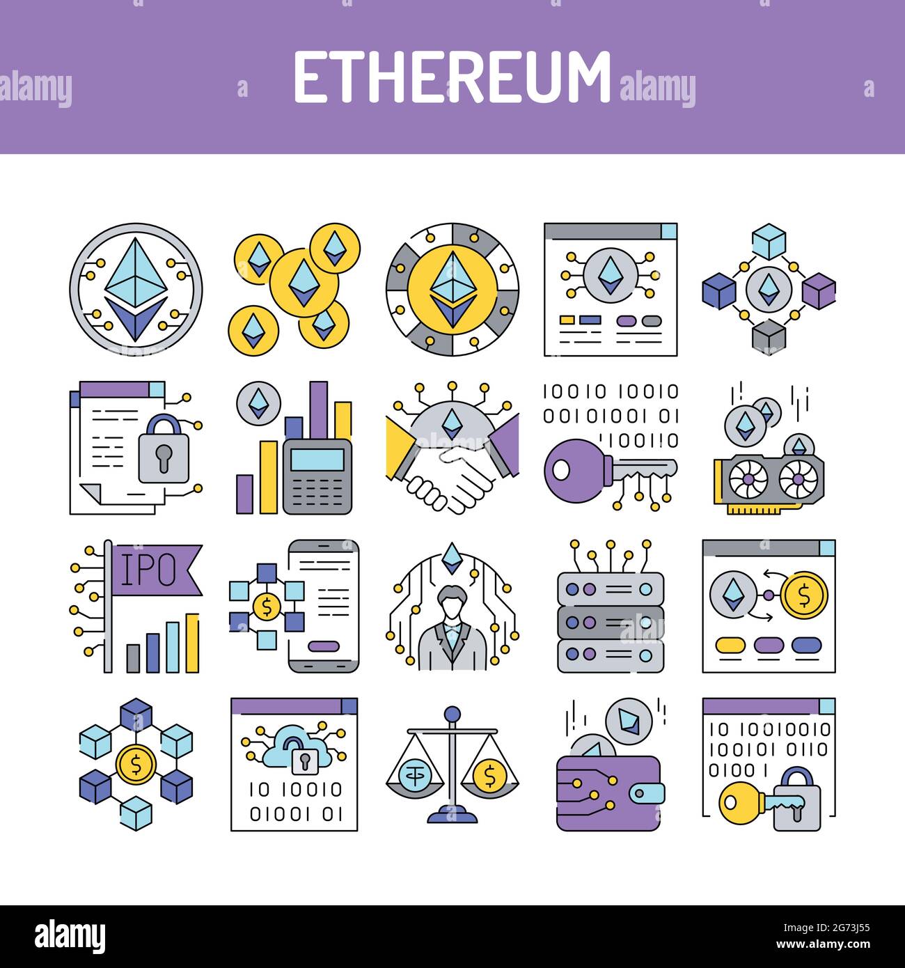 Jeu d'icônes de ligne Ethereum. Elément vectoriel isolé. Pictogrammes de contour pour la page Web, l'application mobile, la promotion. Contour modifiable. Illustration de Vecteur