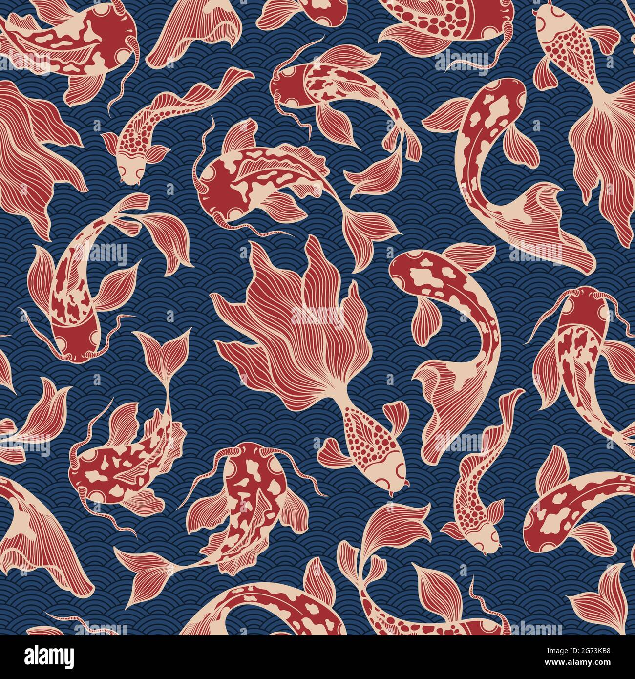 Motif sans couture japonais Koi Fish Vector en rouge et bleu pour textile textile Illustration de Vecteur