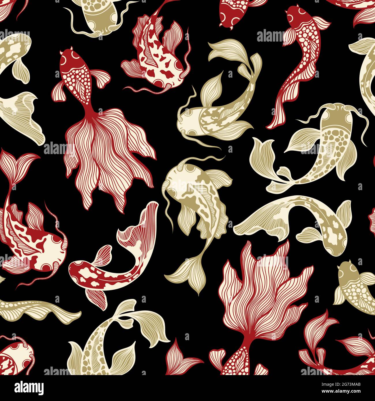 Motif sans couture japonais Koi Fish Vector sur le noir pour textile textile Illustration de Vecteur