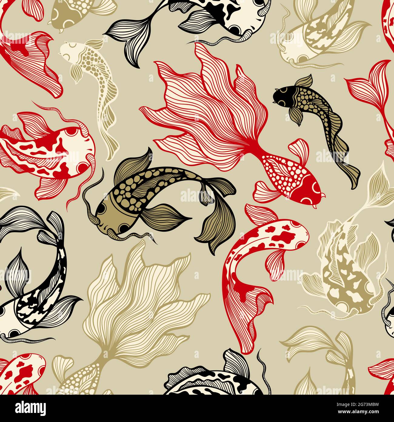 Motif transparent à motif vectoriel de poissons Koi japonais dans des couleurs beige neutres Illustration de Vecteur