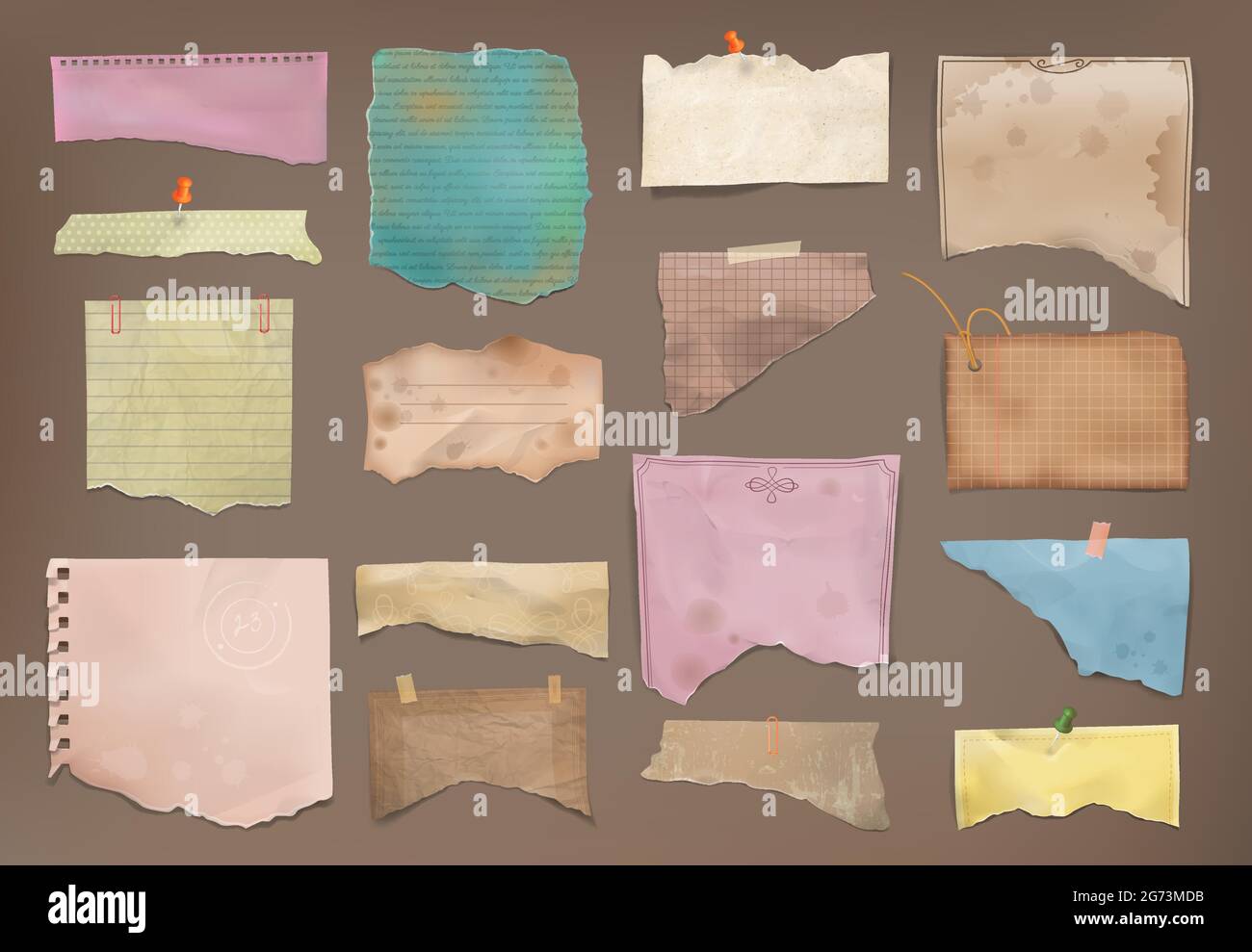 Déchiré déchiré déchiré pour scrapbook décoloré pièces de papier coloré épinglé à carton rétro réaliste vintage ensemble illustration vectorielle Illustration de Vecteur