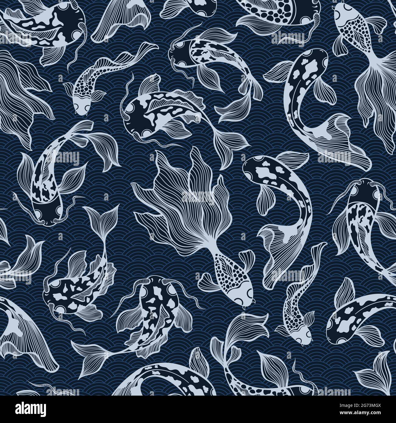 Motif sans couture japonais Koi Fish Vector dans des couleurs bleu profond pour textile textile Illustration de Vecteur