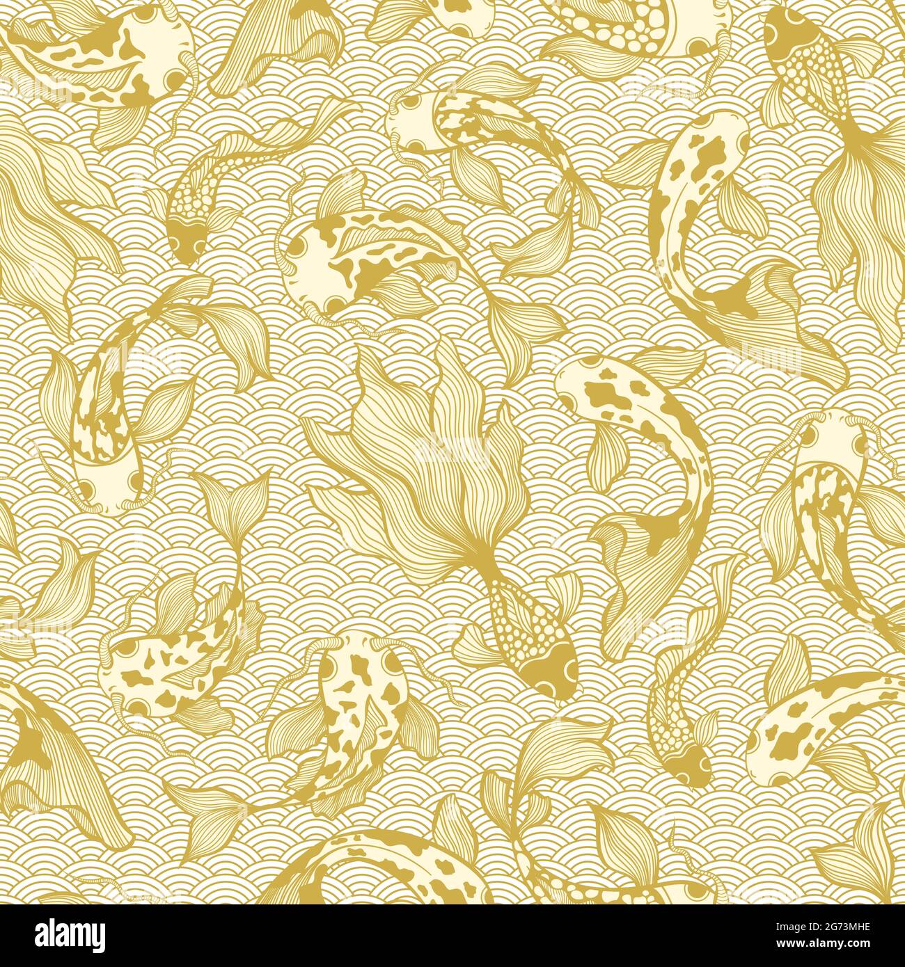 Motif vectoriel de poissons Koi japonais sans coutures dans des couleurs beige doré Illustration de Vecteur