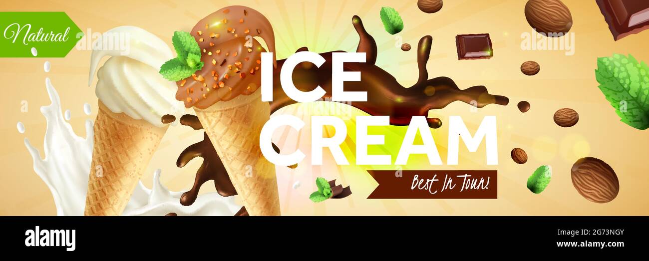 Affiche d'annonces horizontales de crème glacée avec des cornets de différents goûts sur des morceaux de chocolat et de noix parsemés illustration vectorielle de fond Illustration de Vecteur