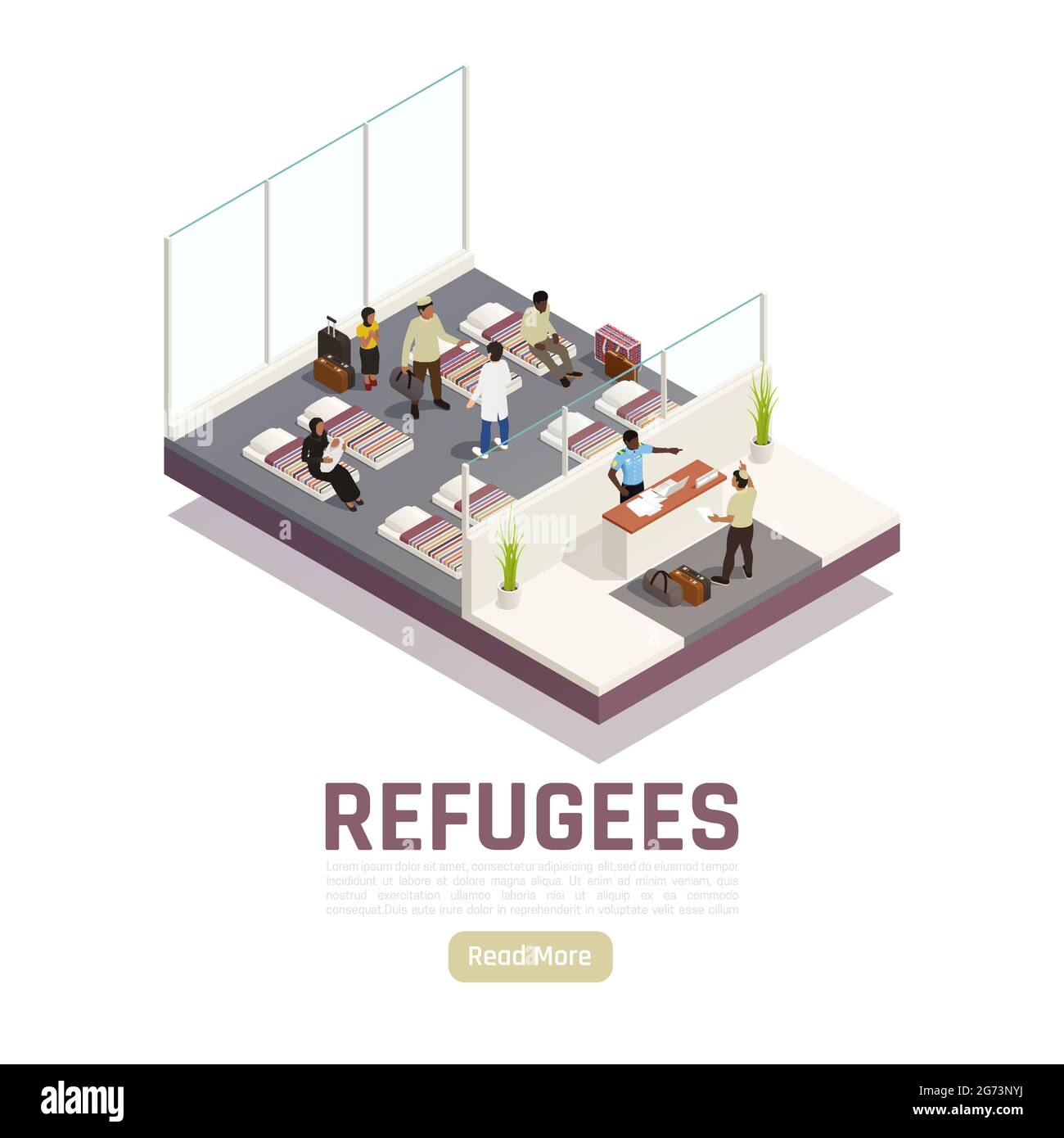 Réfugiés apatrides demandeurs d'asile centre intérieur composition isométrique avec illustration vectorielle de l'unité d'accueil et de logement Illustration de Vecteur