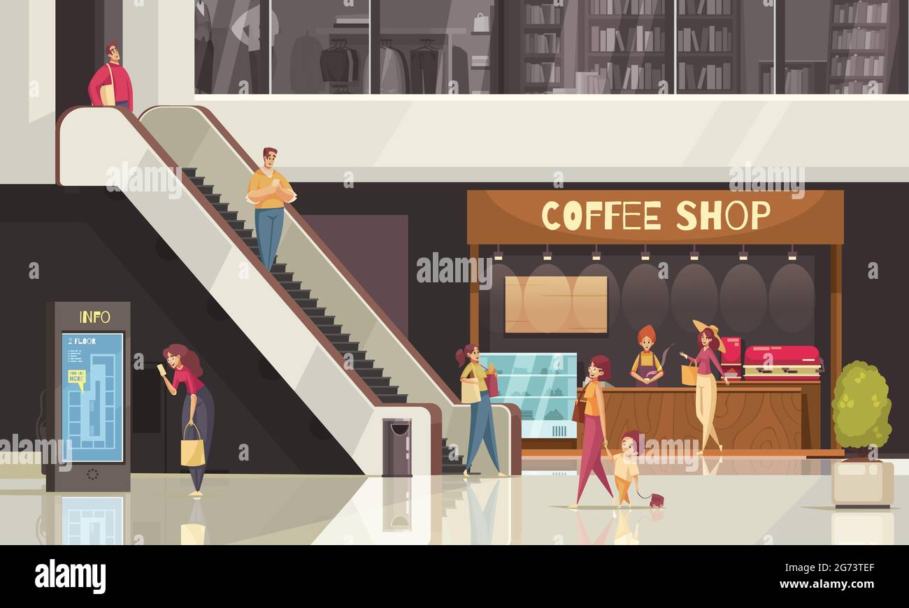 Escalier roulant plat coloré avec café et autres magasins autour de l'illustration vectorielle Illustration de Vecteur