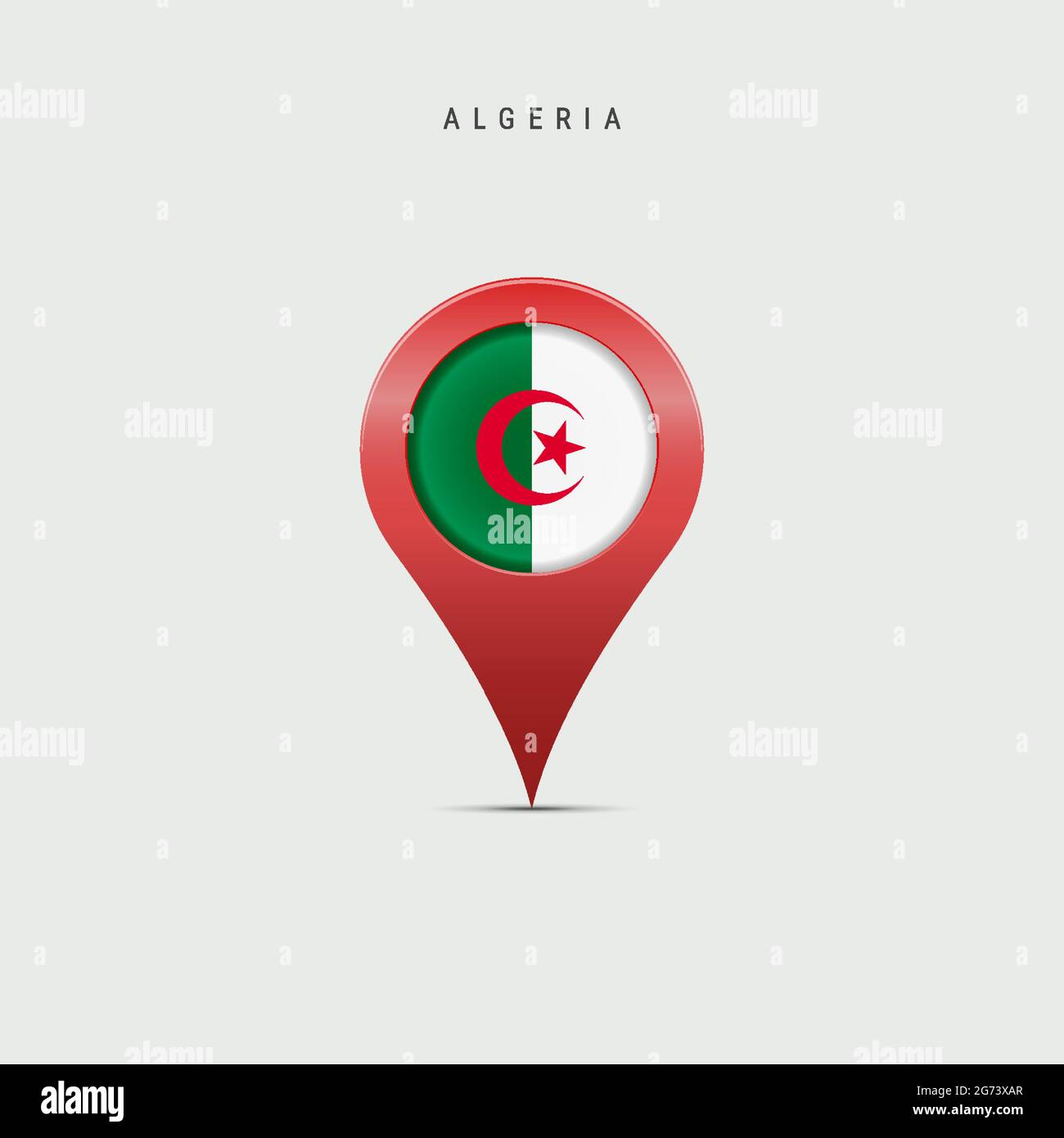 Marqueur de carte en forme de goutte d'eau avec drapeau de l'Algérie. Drapeau algérien inséré dans la broche de la carte de localisation. Illustration vectorielle isolée sur fond gris clair. Illustration de Vecteur