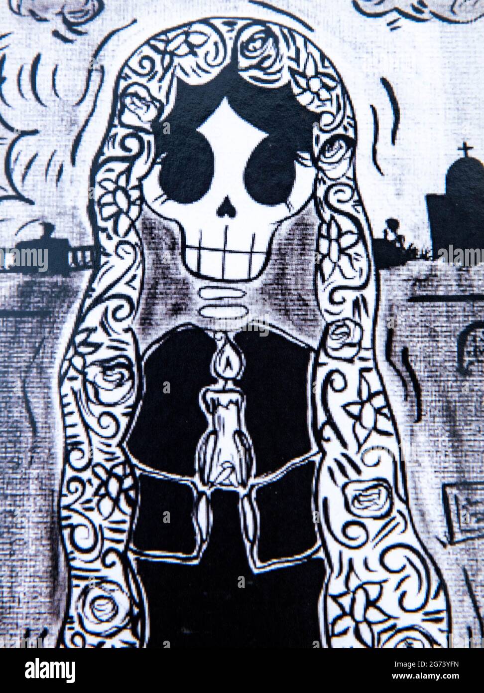 Image du jour des morts; illustration photographique; image en noir et blanc d'un squelette de veuve en deuil. Banque D'Images