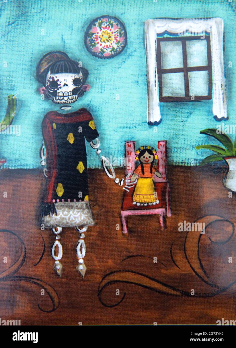 Image du jour de la mort; illustration photographique; une femme, mère squelette tenant la main de sa fille squelette qui est assise dans une chaise. Banque D'Images