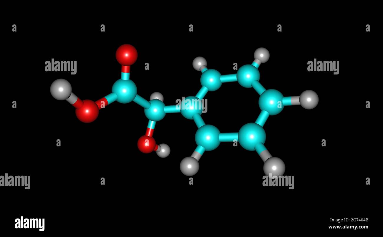 L'acide mandélique est un acide alpha hydroxy aromatique. C'est un solide cristallin blanc soluble dans l'eau et les solvants organiques polaires. illustration 3d Banque D'Images