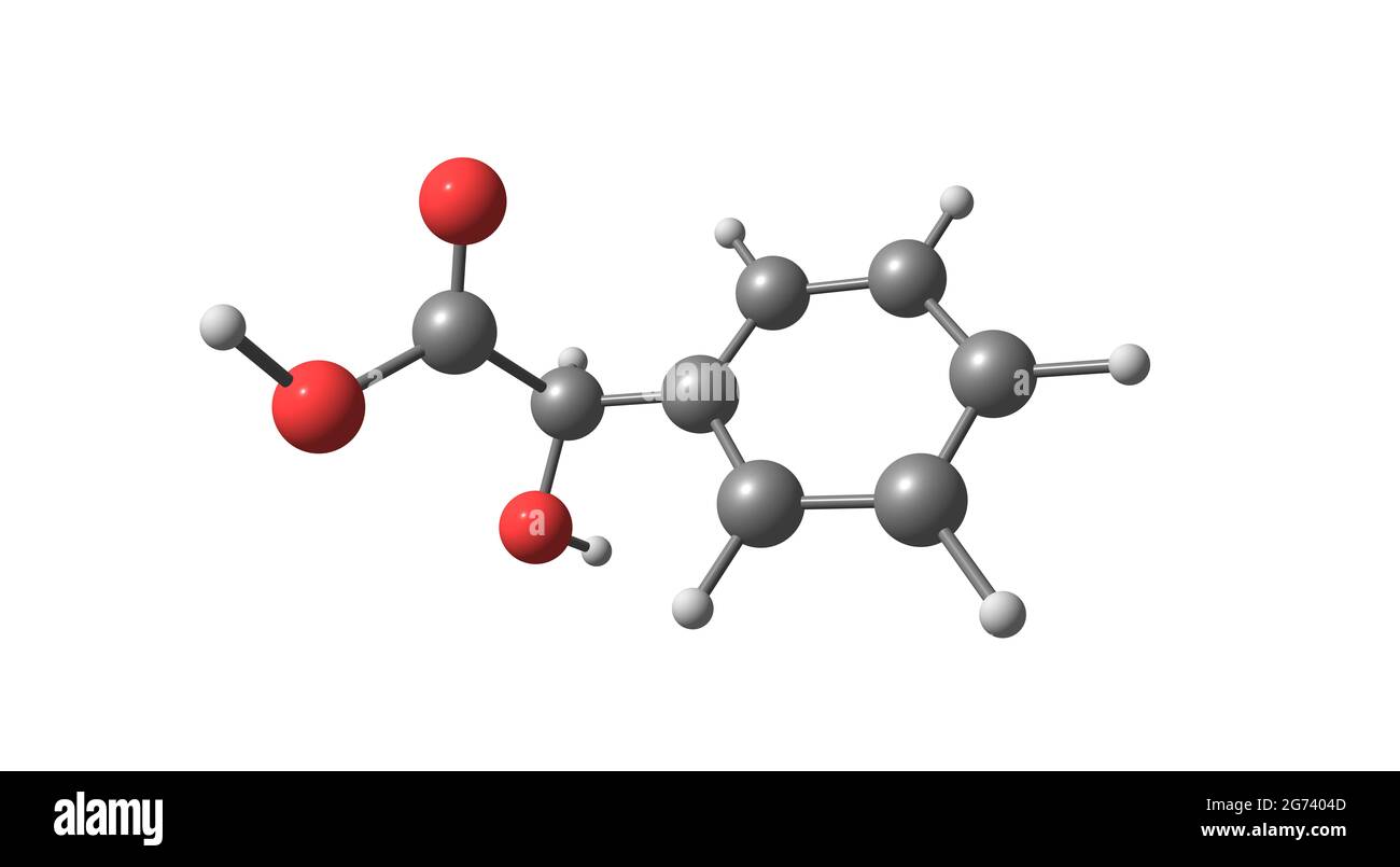 L'acide mandélique est un acide alpha hydroxy aromatique. C'est un solide cristallin blanc soluble dans l'eau et les solvants organiques polaires. illustration 3d Banque D'Images