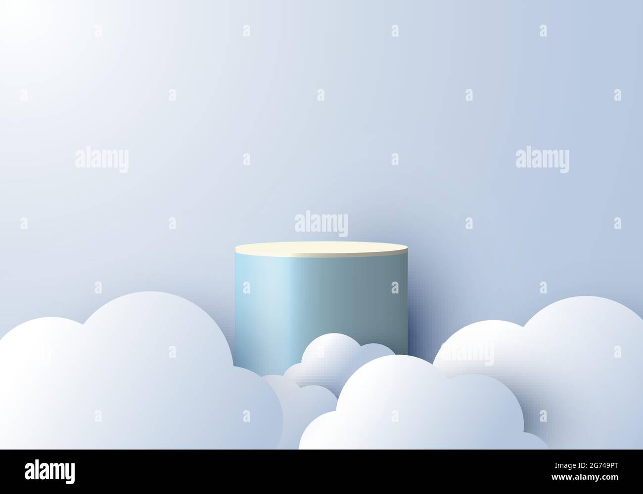 3D réaliste abstrait scène minimale podium vide avec style de coupe de papier nuageux sur fond bleu ciel. Conception pour la présentation des produits, la maquette, Illustration de Vecteur