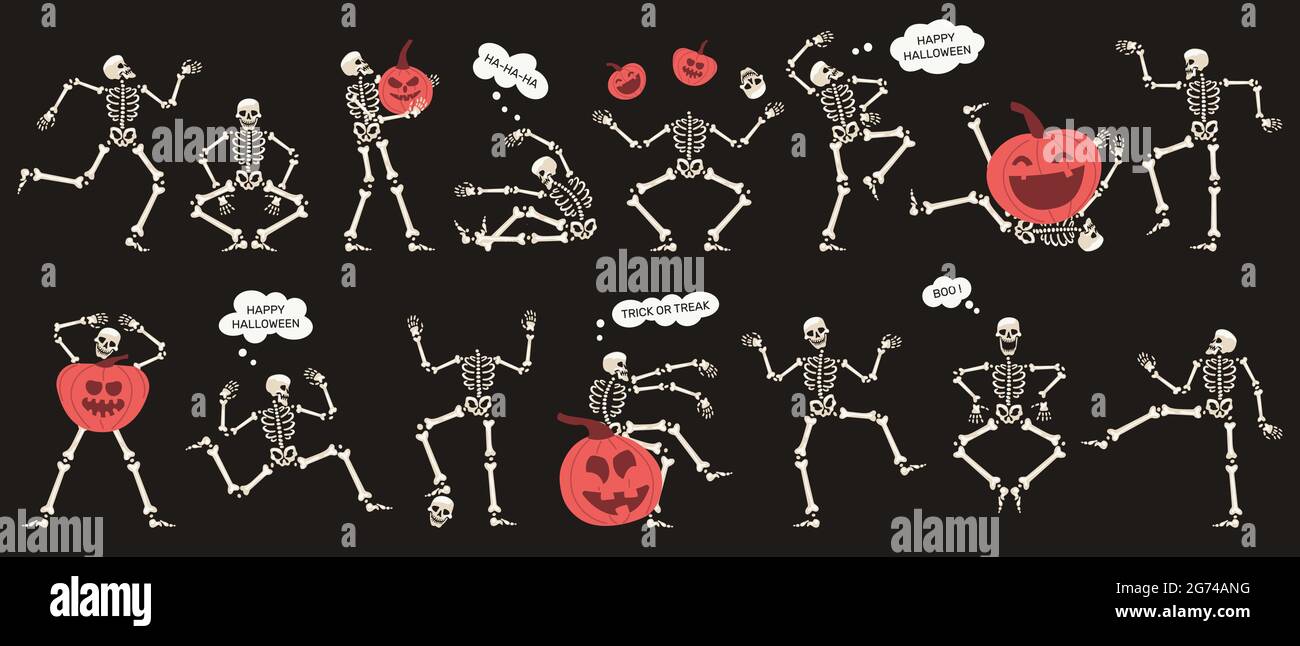 Squelettes d'Halloween avec citrouilles. Ensemble d'illustrations vectorielles isolées de personnages de squelettes de Halloween effrayants. Mascottes et citrouilles à squelette Illustration de Vecteur