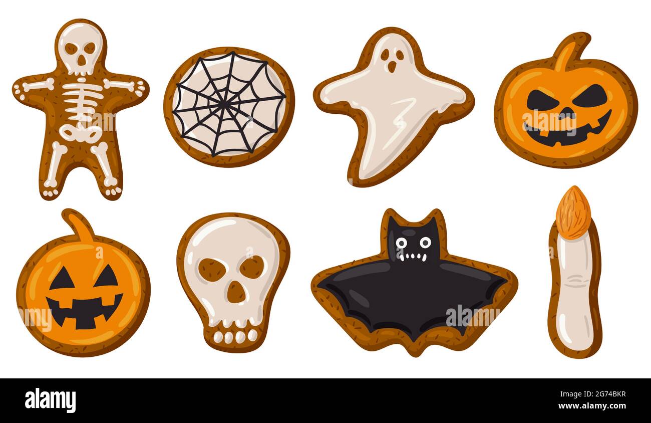Bande dessinée Halloween biscuits au pain d'épice effrayants, citrouille, crâne et fantôme Illustration de Vecteur