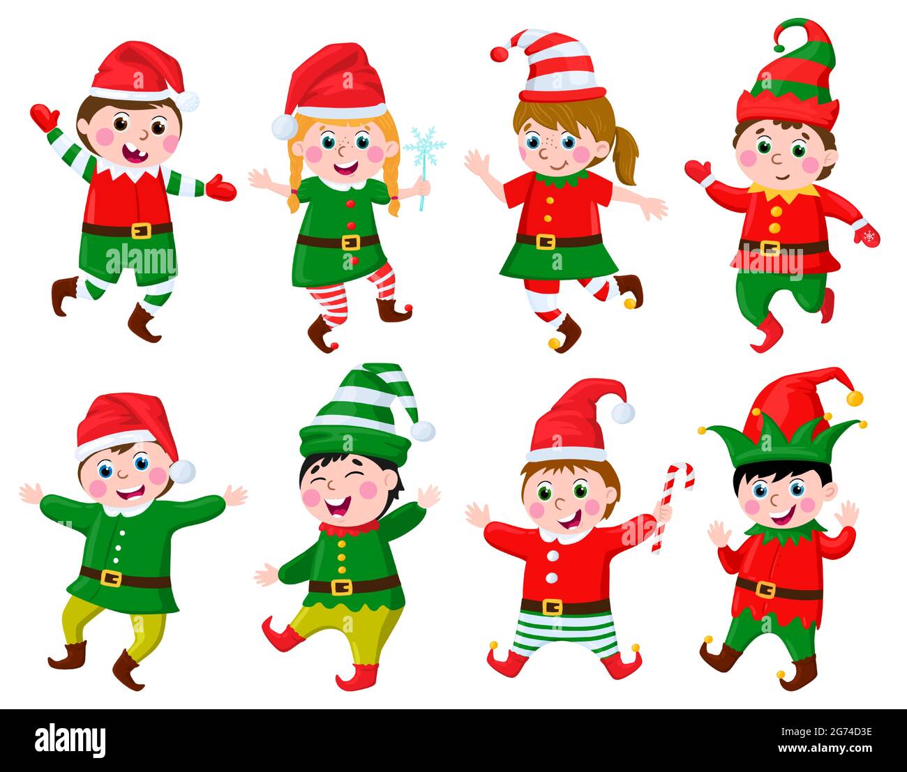 Enfants en costume d'orf. Enfants drôles portant le père Noël Helpers elves costumes de carnaval ensemble d'illustrations vectorielles. Personnages mignons de petits elfes Illustration de Vecteur