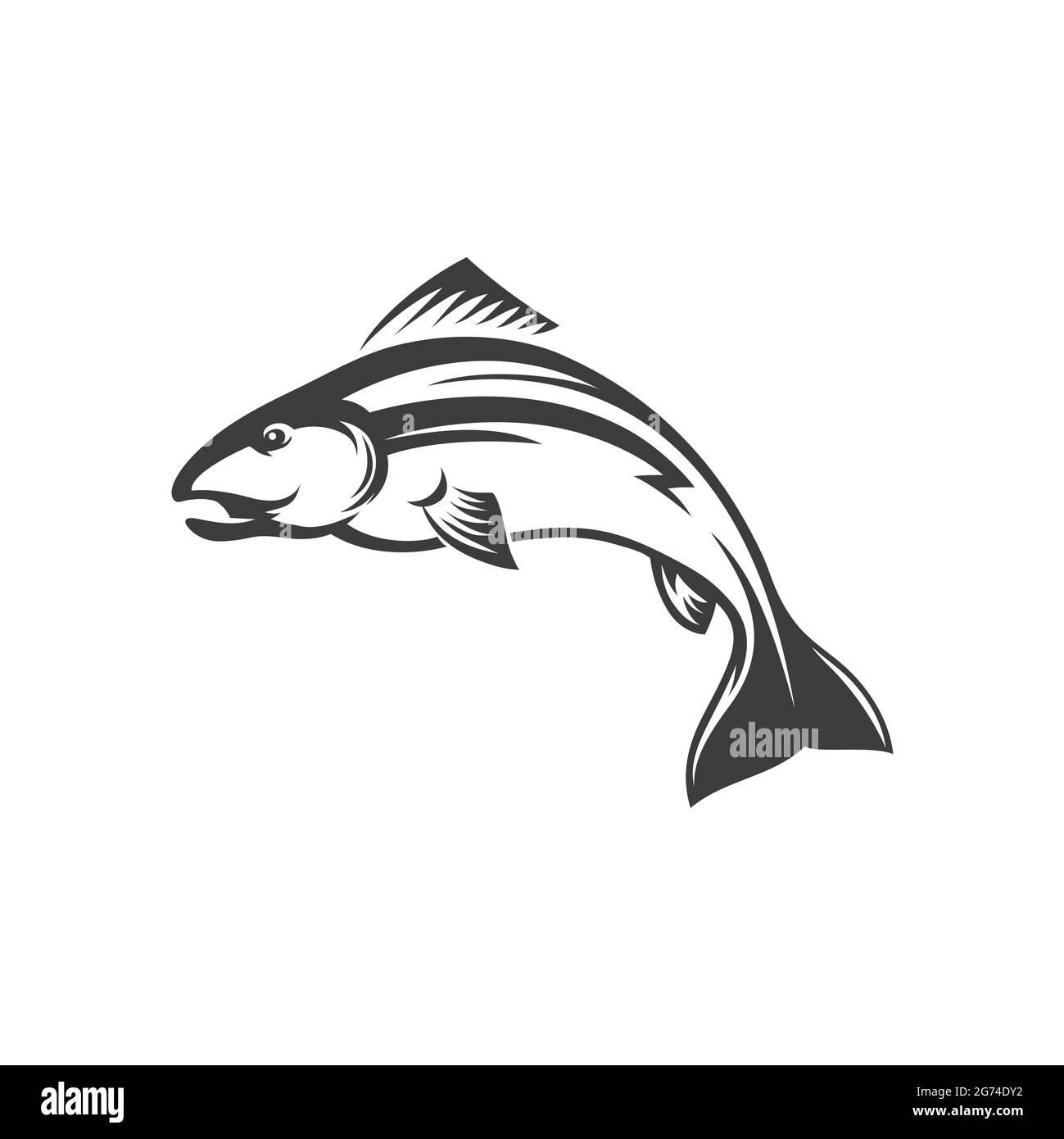 Poisson saumon de l'atlantique isolé icône monochrome. Trophée de sport de pêche de corégone grisonnant. Truite de mer, mascotte de pêche. Animaux sous-marins, Illustration de Vecteur