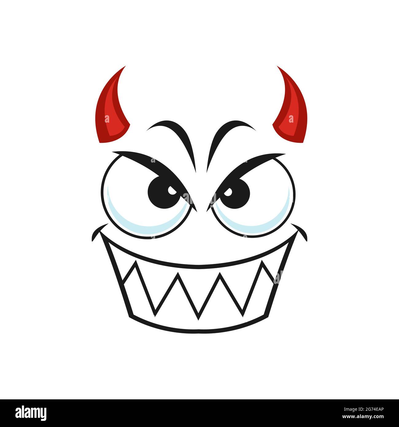 Bande dessinée visage diable, sourire vecteur emoji, démon avec des cornes rouges gloat sourire émotion avec les yeux en colère et rire la bouche touffée. Malefactor Halloween ou Illustration de Vecteur