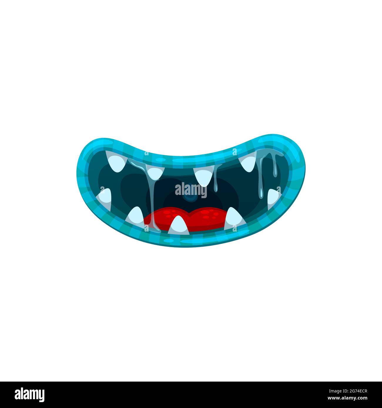 Bouche de monstre, mâchoires de sourire de vecteur avec des dents acérées et des lèvres bleues désagréables avec de la salive de gooey goutte à goutte. Halloween créature dégoûtante sourire bouche d'extraterrestre est Illustration de Vecteur