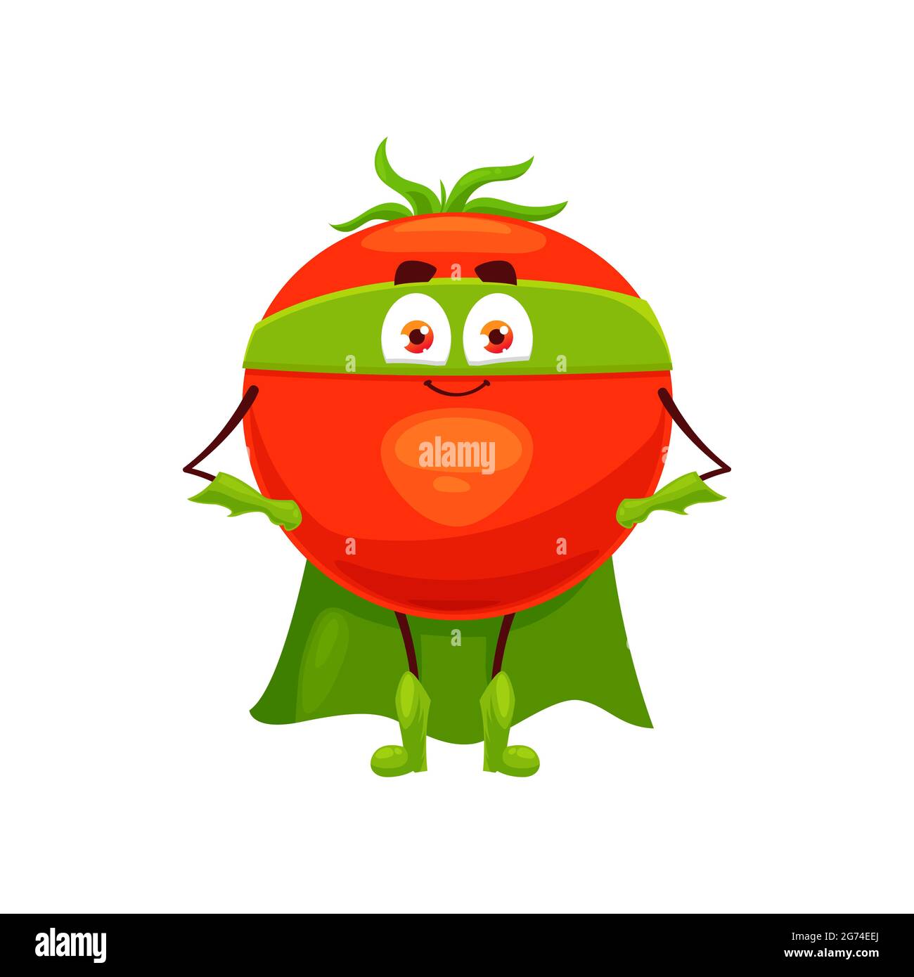 Caricature tomate super héros isolé icône vecteur. Légume drôle dans le manteau et le masque avec les bras akimbo. Caractère de conte de fées, nourriture saine, vitamine superhe Illustration de Vecteur