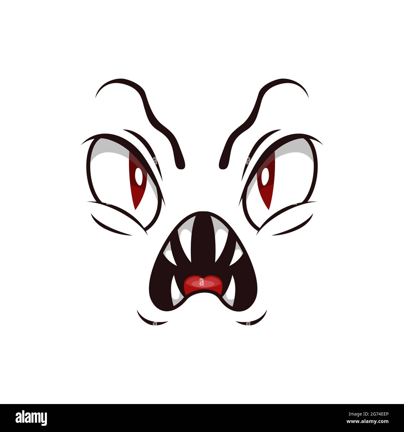 Icône de vecteur isolé face de monstre, emoji de bande dessinée du démon en colère, émotion de créature effrayante d'Halloween. Un diable arnaquant avec des fangs pointus et des yeux rouges créeppés Illustration de Vecteur