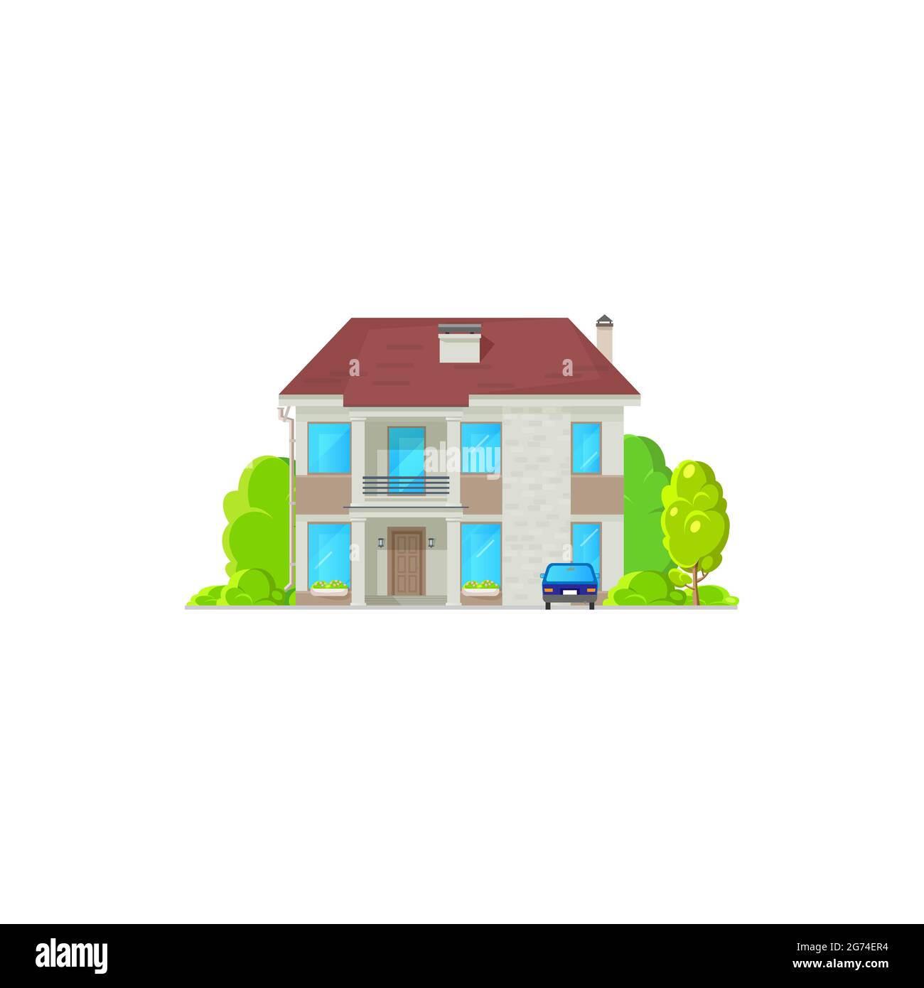 Maison de campagne de style dessin animé avec balcon, porte d'entrée et fenêtres. Vector immobilier villa façade extérieure, maison de ville avec gre Illustration de Vecteur