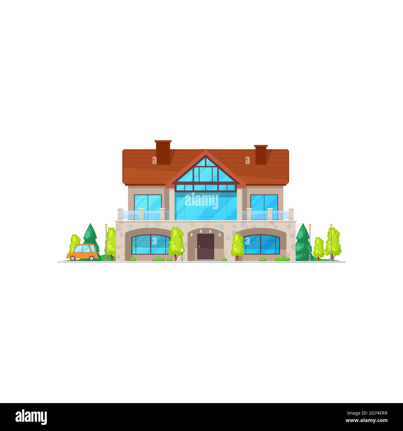 Maison de campagne avec cheminées sur le toit isolé maison dans le style de dessin animé. Façade vectorielle architecture de l'immobilier villa, extérieur famille mans Illustration de Vecteur