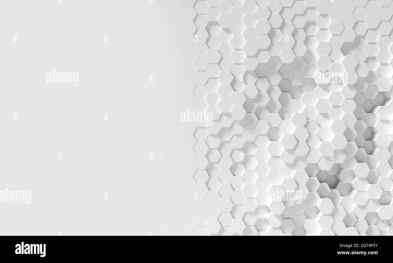Mur de papier peint à fond hexagonal en nid d'abeille blanc décalé aléatoire avec espace de copie. rendu 3d. Banque D'Images