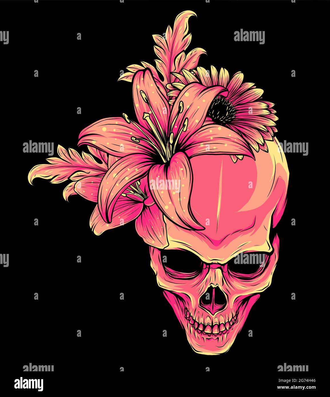 Motif illustration de la tête de mort humaine et des fleurs vectorielles Illustration de Vecteur