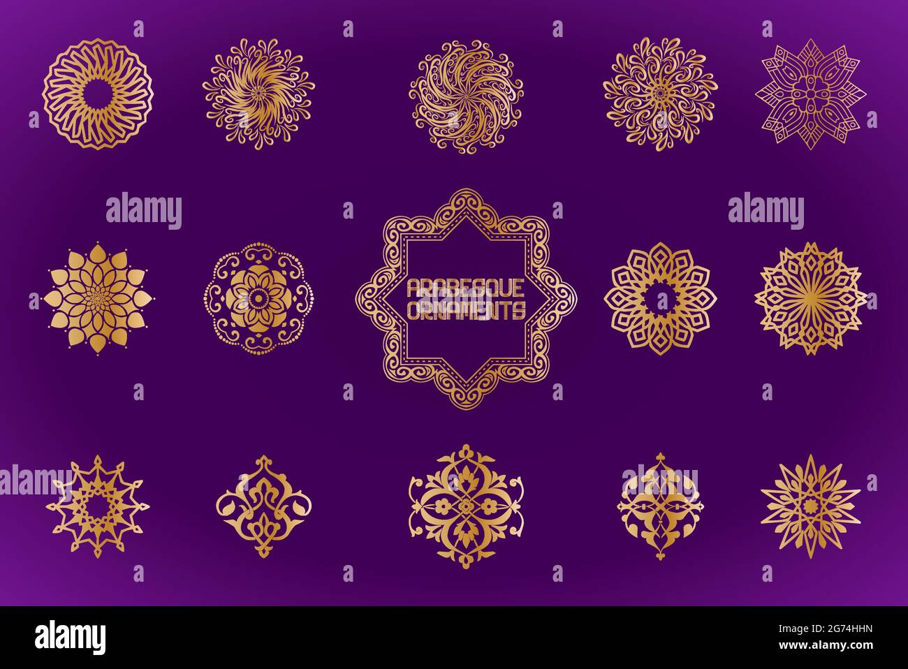 Décor arabesque dégradé d'or sur fond violet Illustration de Vecteur