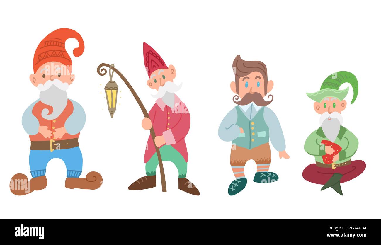 Ensemble de divers gnomes isolés de l'arrière-plan. Personnage de fée de dessin animé à la main. Les lépretchauns et les habitants des forêts. Illustration plate de dwa mâle Illustration de Vecteur