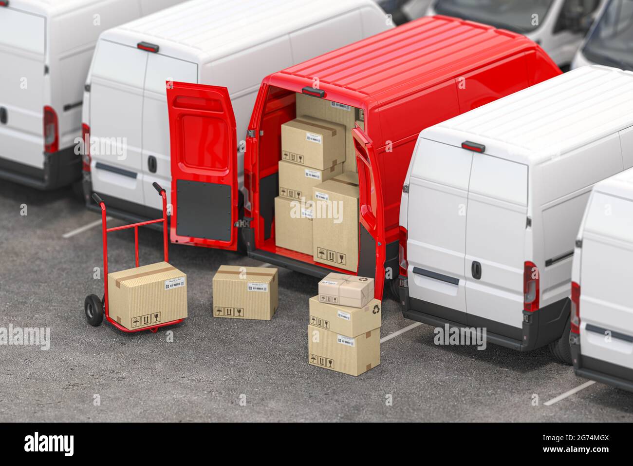 Camionnette de livraison rouge à portes ouvertes et camion à main avec boîtes en carton idans une rangée de fourgonnettes blanches. Concept de livraison et d'expédition. illustration 3d Banque D'Images