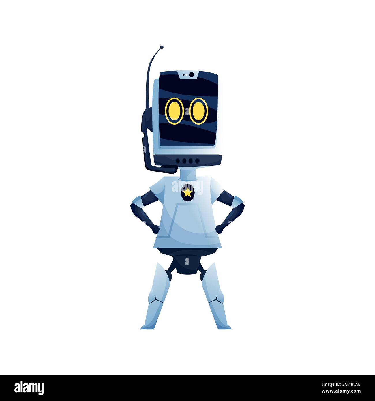 Femme robot, grands yeux et antenne dans la tête, femelle caractère robotique de couleur blanche isolé. Vector plastique futuriste science-fiction machine hi-tech, girl ro Illustration de Vecteur