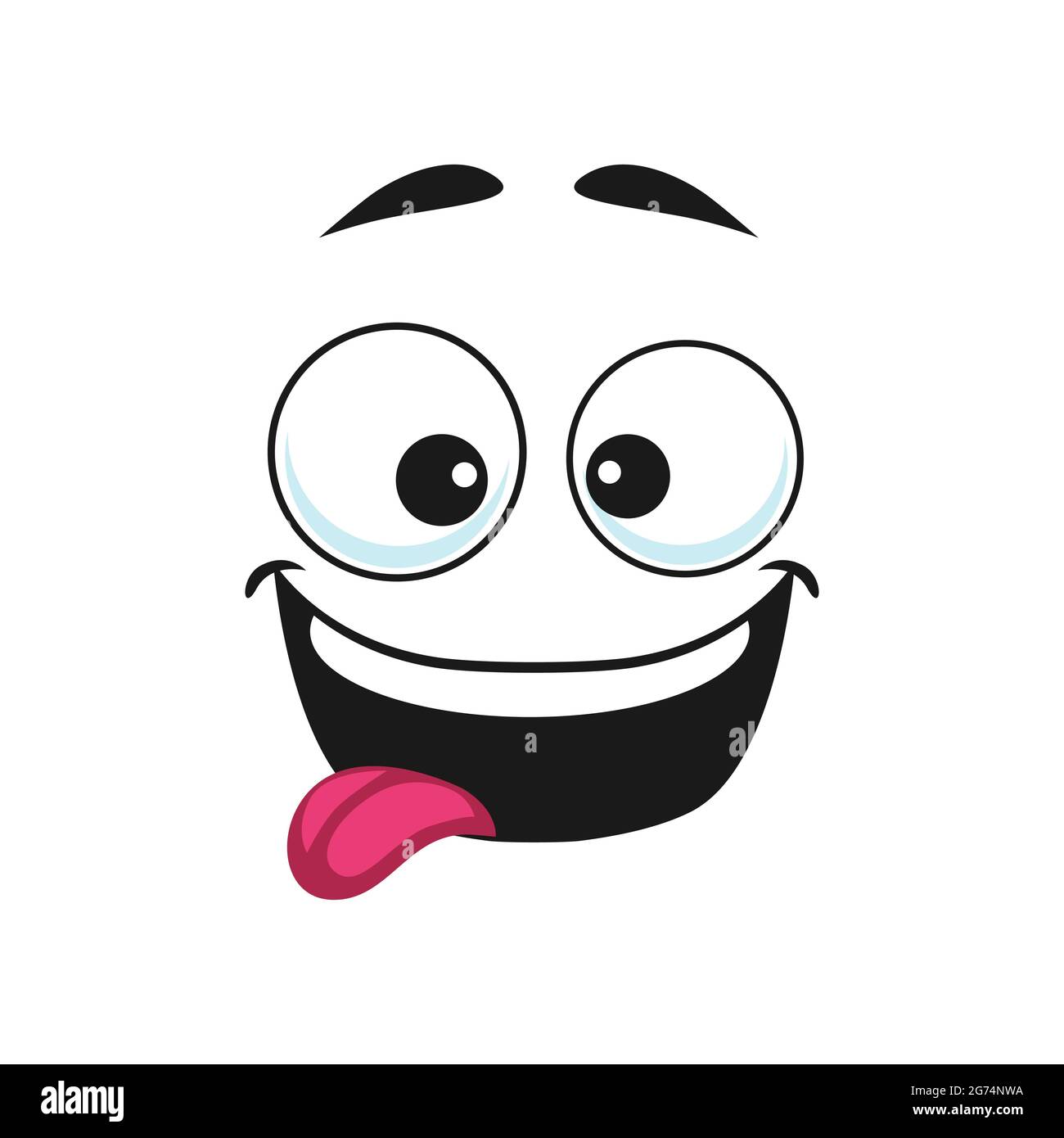 Visage de dessin animé, sourire heureux vecteur emoji avec la bouche ouverte et la langue adhérant. Expression du visage joyeuse avec des yeux de lunettes, drôle de caractère heureux, positif Illustration de Vecteur