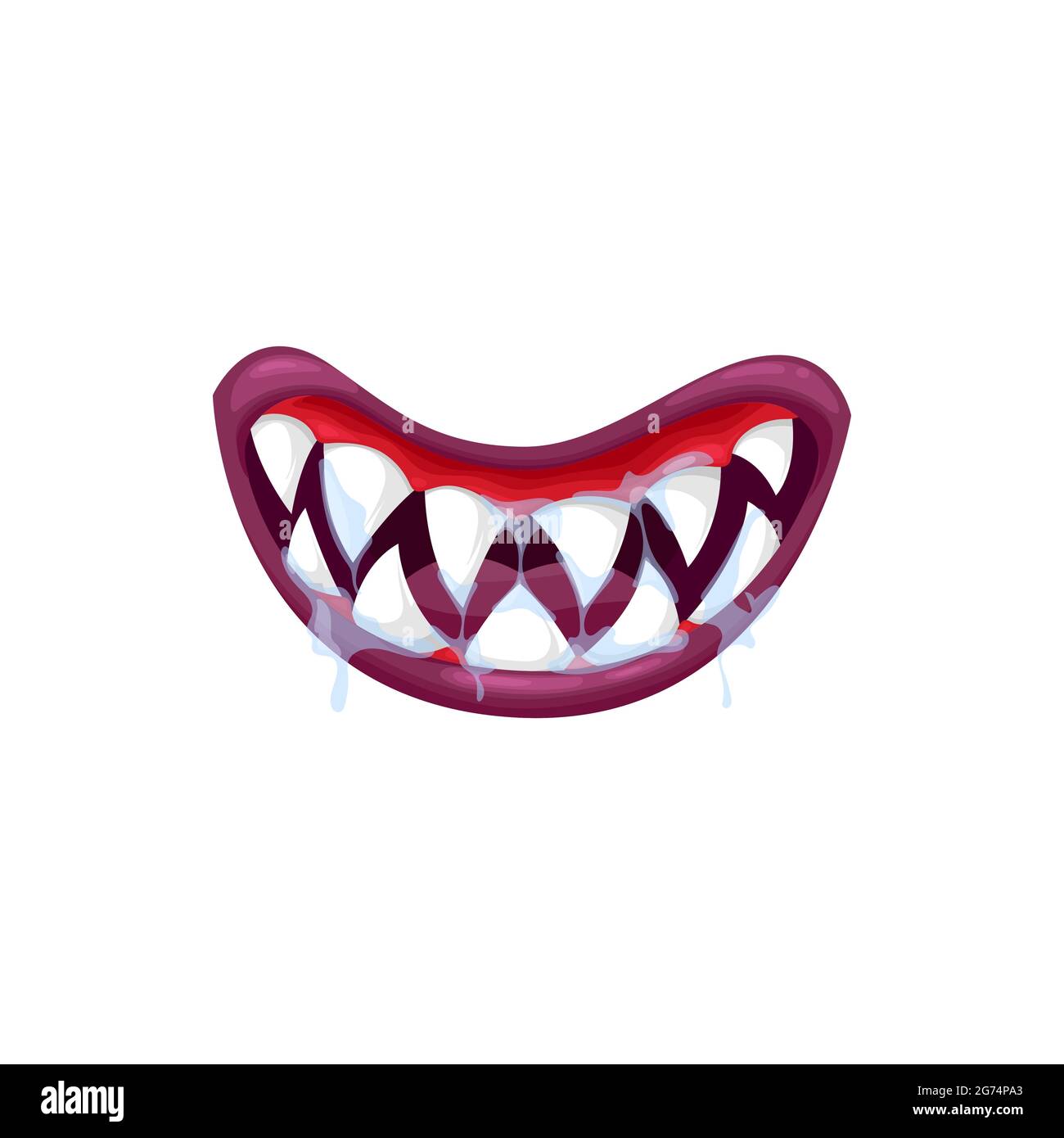 Icône de vecteur de bouche de monstre, mâchoires creepy sourire avec des dents blanches nettes et de la salive goutte à goutte. Caricature souriante Halloween créature isolée sur fond blanc Illustration de Vecteur