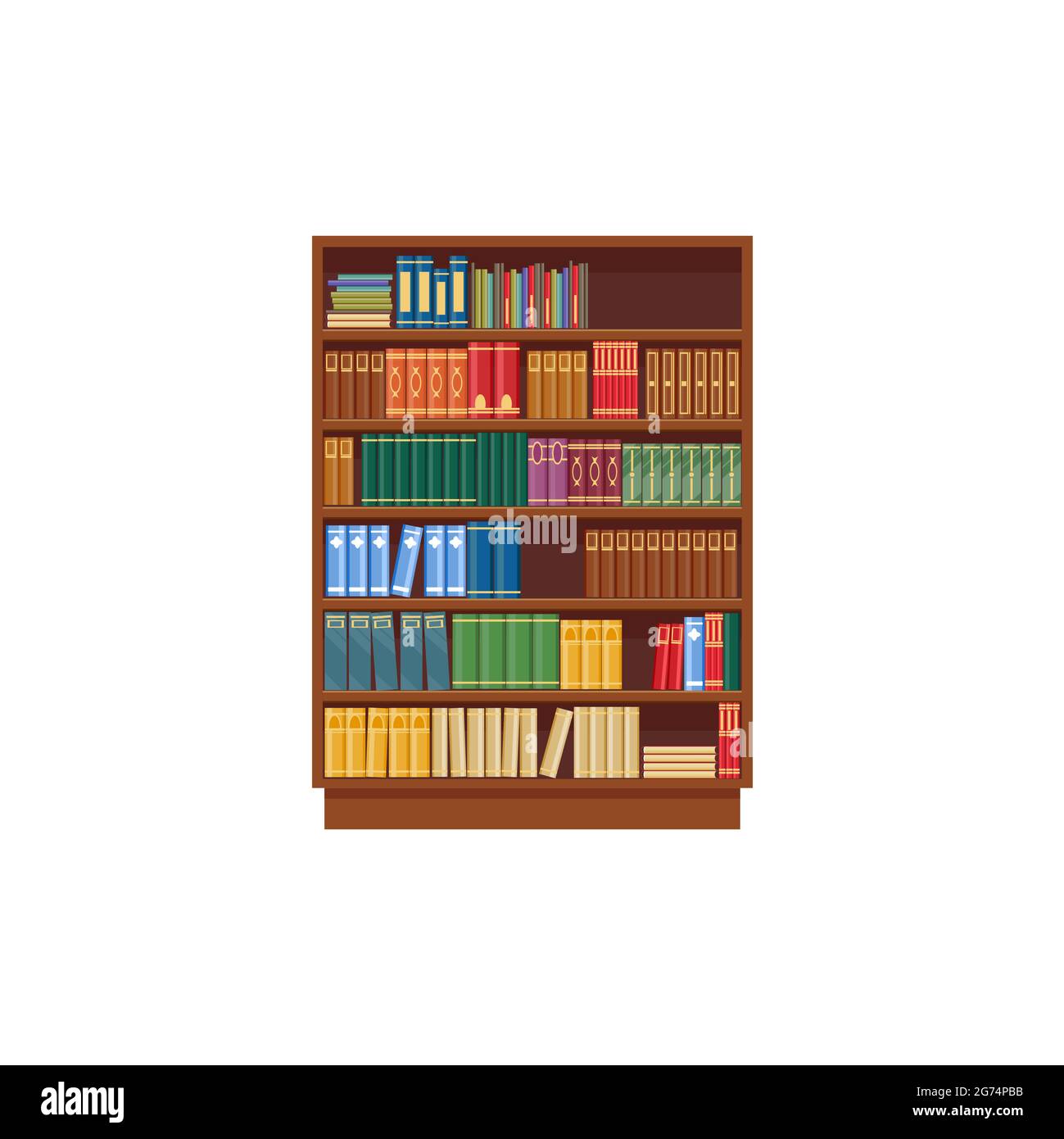 Bibliothèque vecteur icône, étagère de la bibliothèque de dessins animés avec des livres, stockage en bois avec des manuels colorés, librairie de littérature isolée sur fond blanc. SCI Illustration de Vecteur