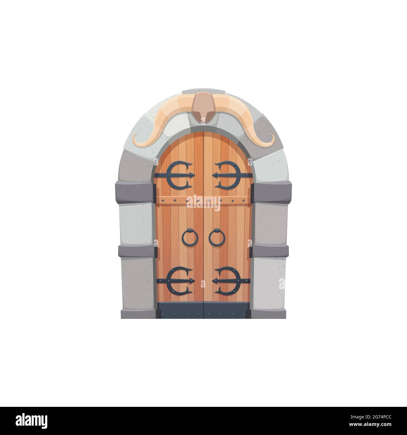 Porte ou porte de dessin animé médiévale en forme d'arche avec éléments forgés entrée isolée de conte de fées. Arc vecteur entrer dans le château ou la tour, porte avec paire o Illustration de Vecteur