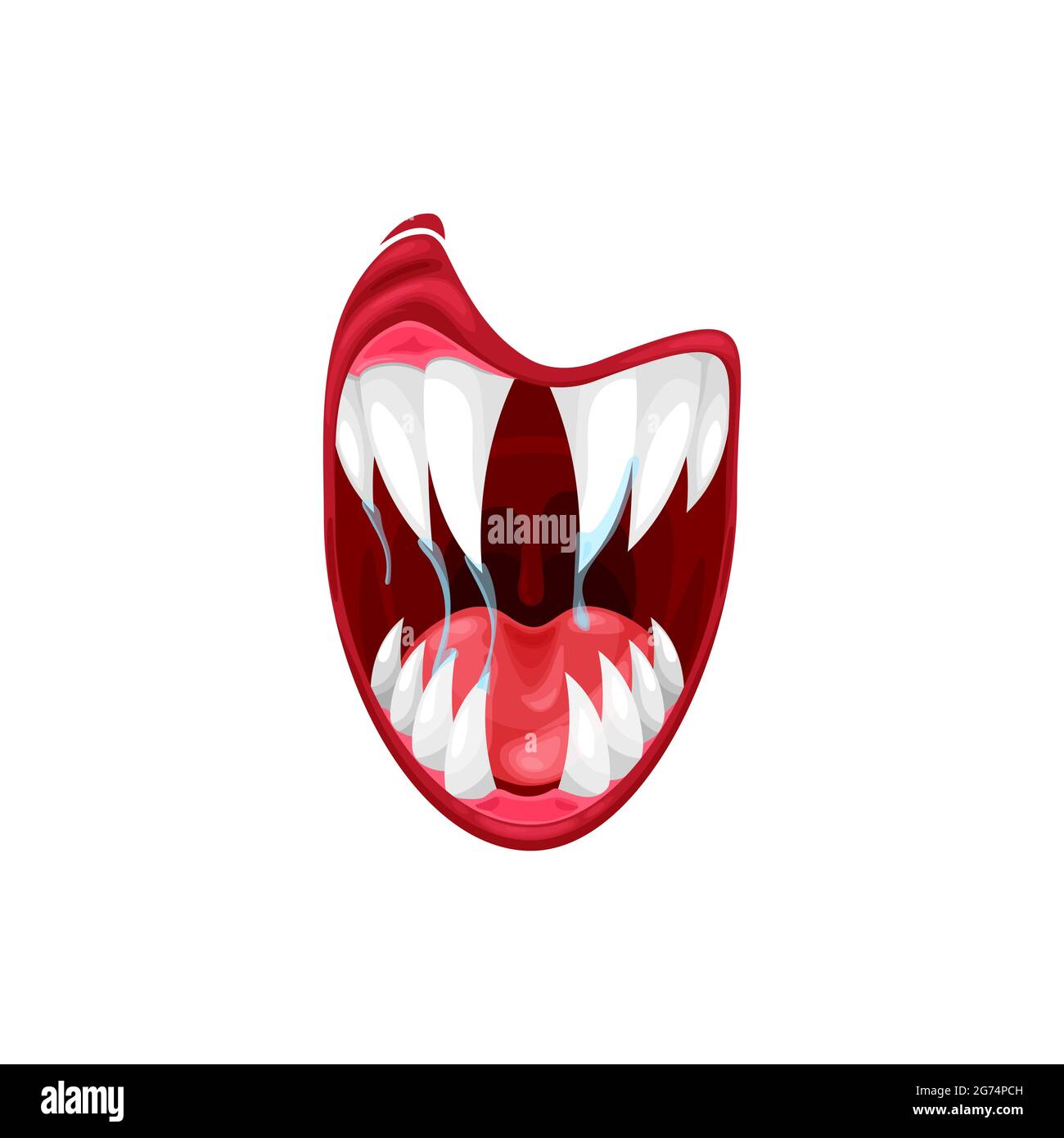 Icône de vecteur de bouche de monstre, dessin animé Creepy hurlant les mâchoires étrangères avec la salive goutte de dents longues et pointues et la langue rouge, bouche de diable isolée sur blanc Illustration de Vecteur