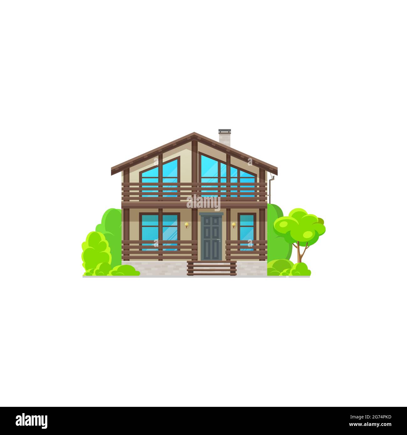 Maison moderne avec fenêtres, chalet en bois ou villa plate icône de dessin animé. Vector immeuble en location ou vente. Façade de maison moderne, arbres plantés Illustration de Vecteur