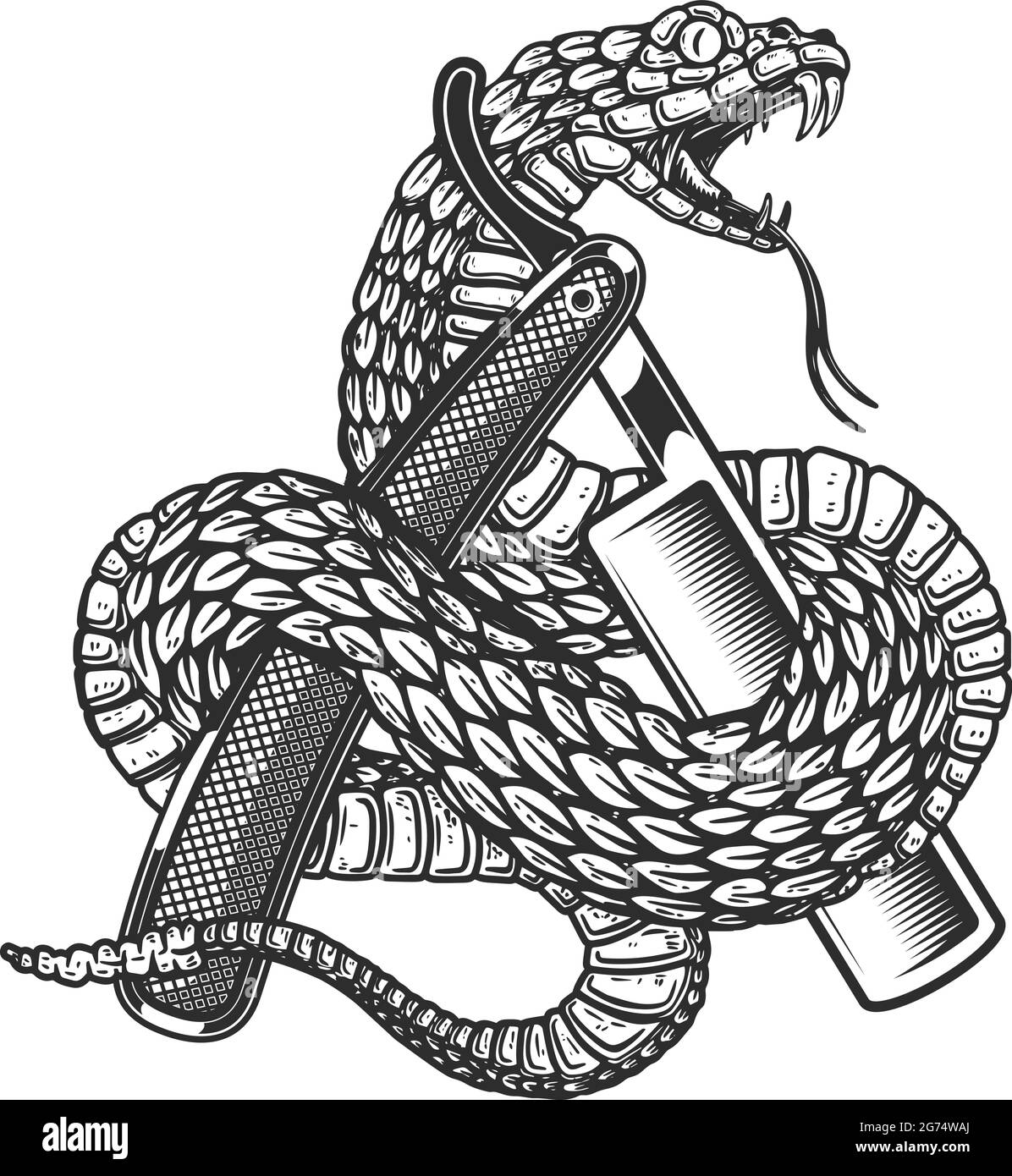 Illustration du serpent sur le rasoir de barbier. Élément de conception pour affiche, carte, bannière, affiche. Illustration vectorielle Illustration de Vecteur