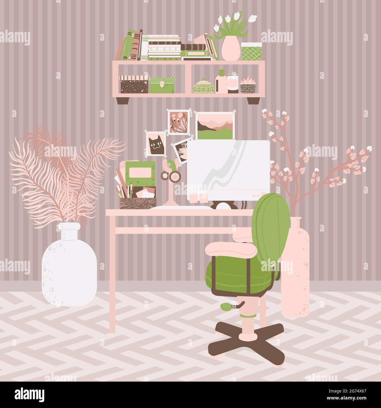 Illustration de l'intérieur du lieu de travail dessinée à la main dans un style de dessin animé plat. Maison de travail bureau mignon concept dans le style scandinave. Armoire confortable avec table de travail, s Illustration de Vecteur