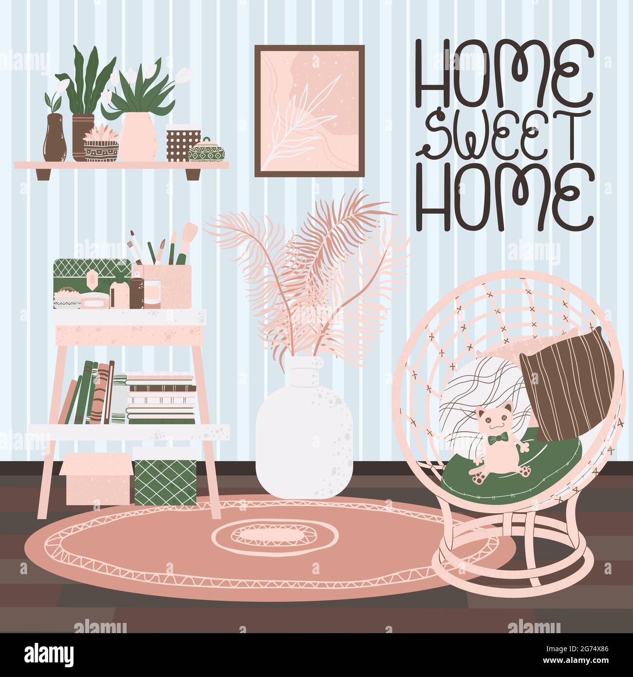 Intérieur du salon, style scandinave dessiné à la main. Arrière-plan avec texte manuscrit home Sweet home. Intérieur de la maison avec étagère, chaise en osier et ho Illustration de Vecteur