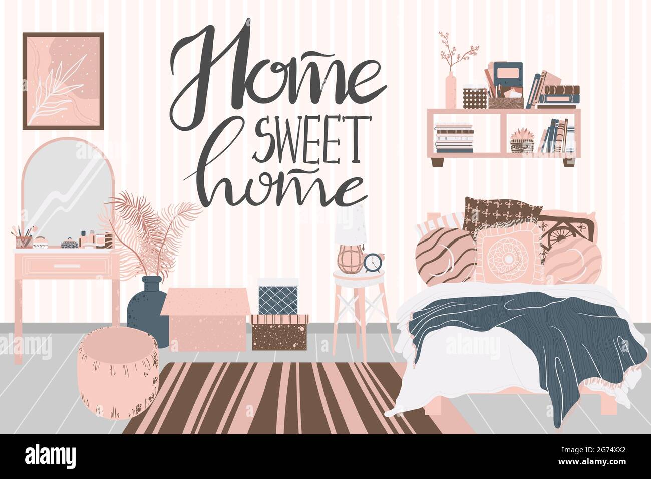 Intérieur confortable de la chambre dans le style de dessin animé scandinave. Concept avec texte maison douce maison. Design d'une chambre confortable avec lit, maison, étagère, miroir a Illustration de Vecteur