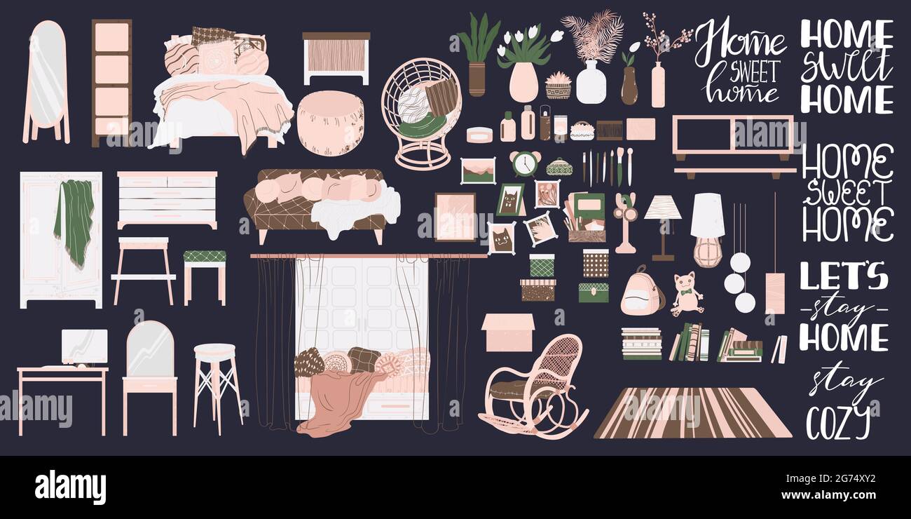 Ensemble de chambres Vector avec mobilier élégant et confortable et décoration moderne dans un style scandinave tendance avec citation manuscrite. Vecteur de dessin animé plat Illustration de Vecteur