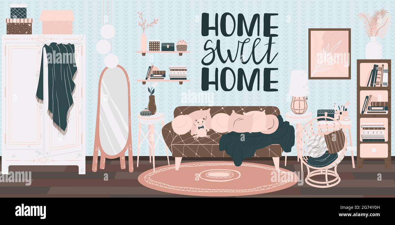 Intérieur du salon, style scandinave dessiné à la main. Arrière-plan avec texte manuscrit home Sweet home. Intérieur de la maison avec canapé, étagère, chaise en osier Illustration de Vecteur