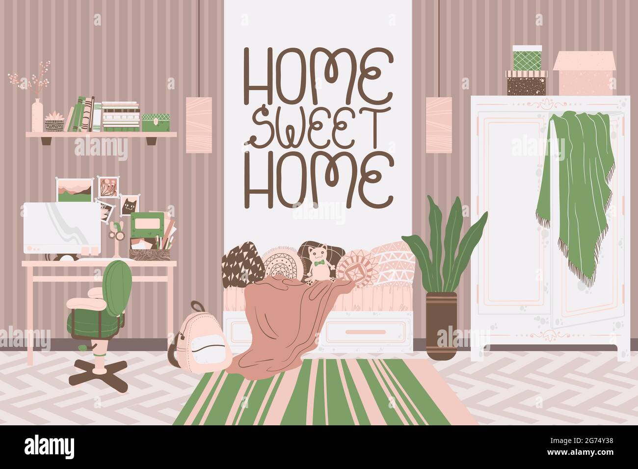 Intérieur de lieu de travail avec texte home Sweet home, illustration dessinée à la main dans un style de dessin animé plat. Accueil espace de travail mignon concept dans le style scandinave. Hori Illustration de Vecteur
