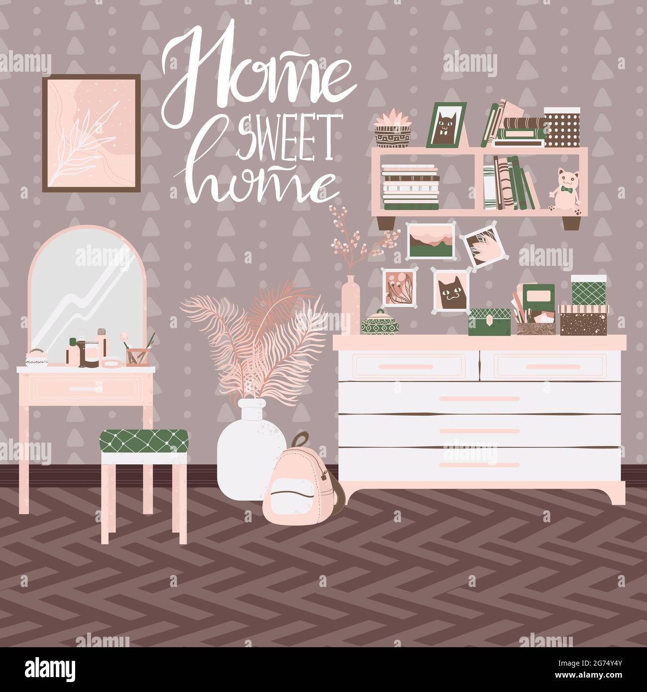 Intérieur de la chambre, style scandinave dessiné à la main. Arrière-plan avec texte manuscrit home Sweet home. Intérieur de la maison avec étagère, table de commode et maison Illustration de Vecteur