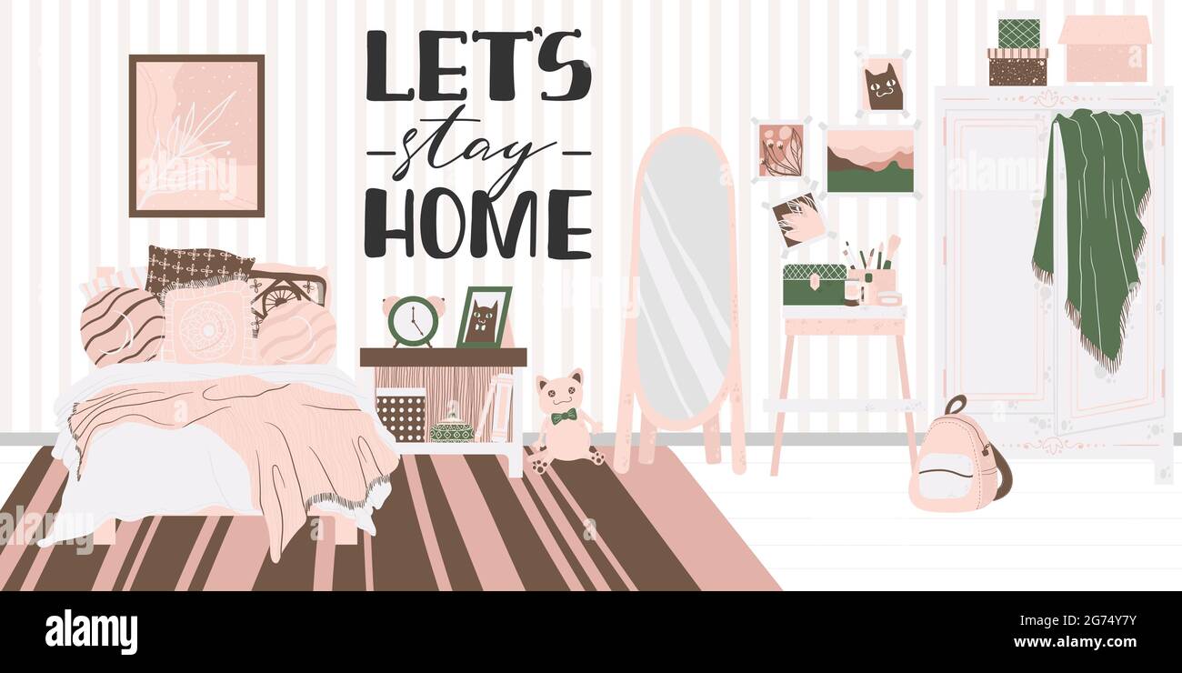 Intérieur confortable de la chambre dans le style de dessin animé scandinave. Concept avec texte pour rester à la maison. Design d'une chambre confortable avec lit, maison, étagère, miroir a Illustration de Vecteur