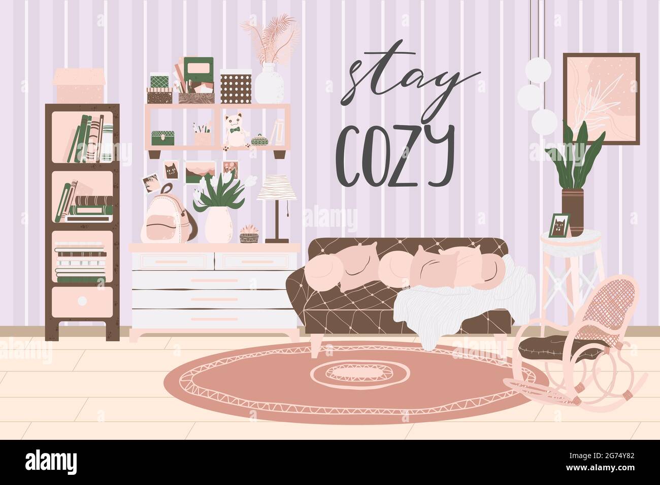 Intérieur du salon, style scandinave dessiné à la main. Fond avec texte manuscrit pour un séjour confortable. Intérieur avec canapé, étagère et décoration Illustration de Vecteur