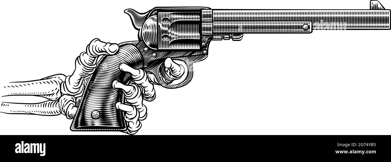 Main squelette Western Cowboy Gun pistolet Woodcut Illustration de Vecteur