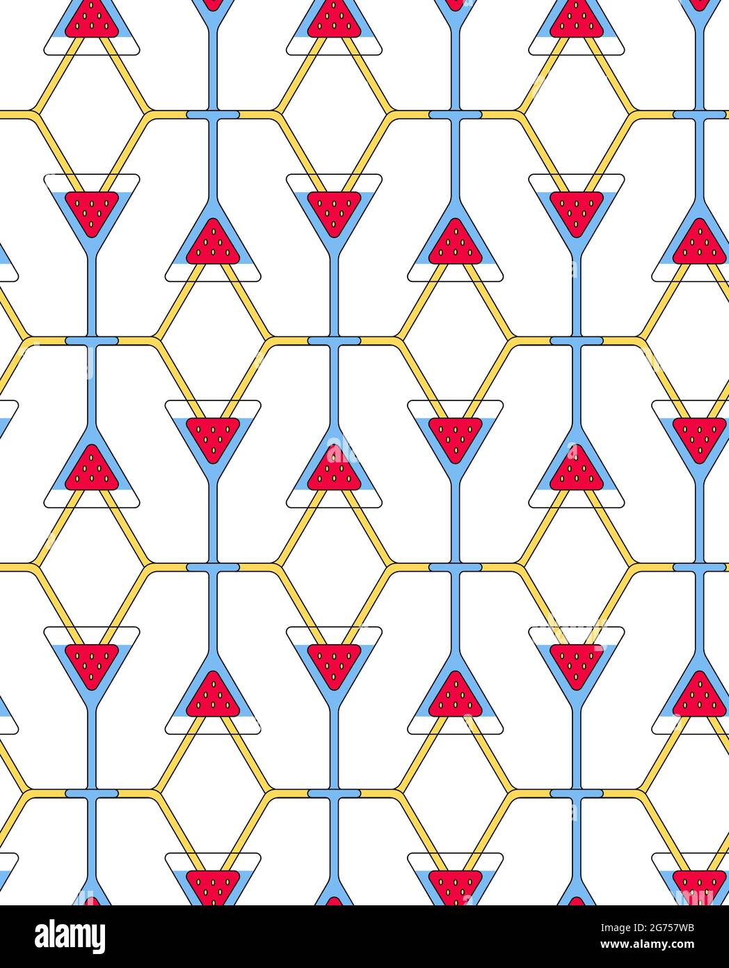 Motif de boisson aux fruits sans couture avec fraises triangulaires en verre, connexion par tubes. Arrière-plan géométrique moderne. Illustration vectorielle fruits d'été pour boissons fraîches Illustration de Vecteur